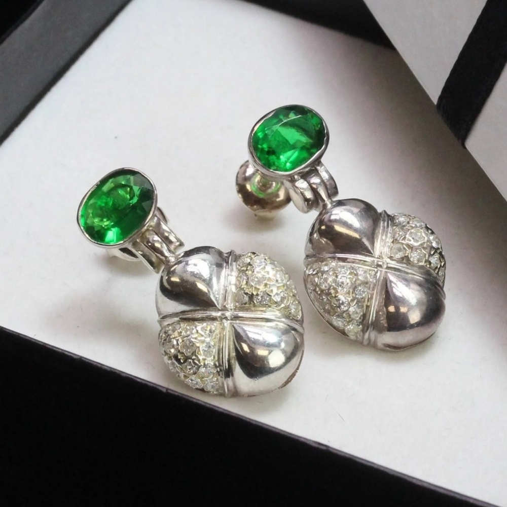 Genuine 2.5 Green Tsavorite and Diamond Earrings in Sterling Silver